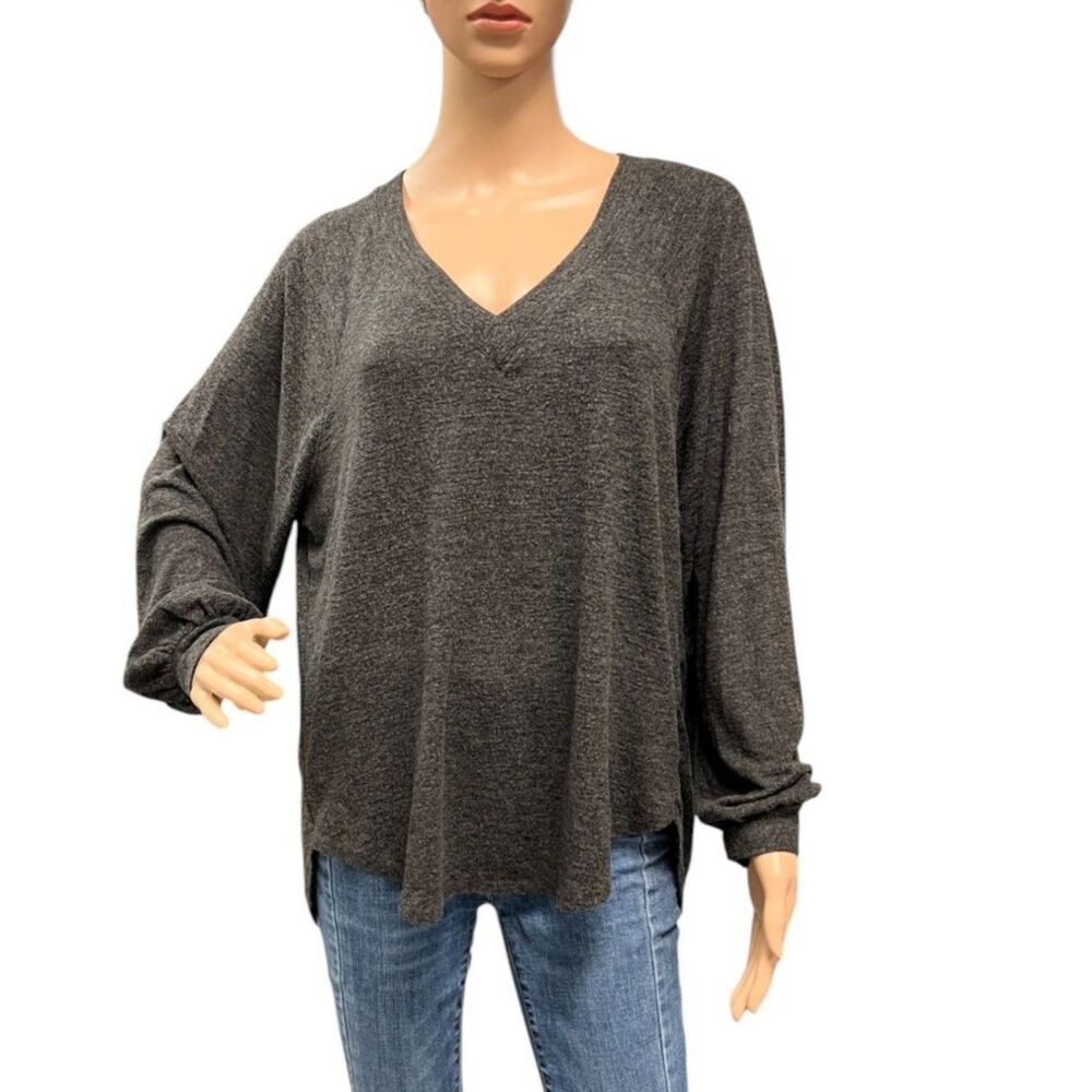 LUCKY Brand Women's Pullover V Neck Oversized Tunic Sweater Charcoal Gray Sz M